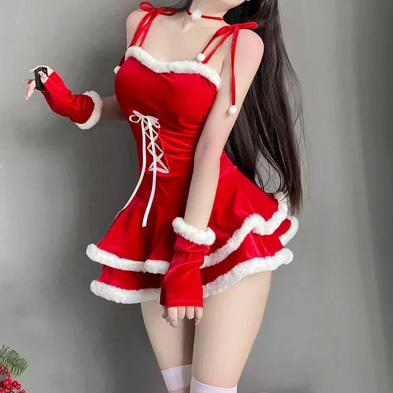 Ensemble de robe de Noël en velours rouge pour femme, uniforme de lapin pour fille, lingerie sexy, fête d'Halloween, boîte de nuit, performance