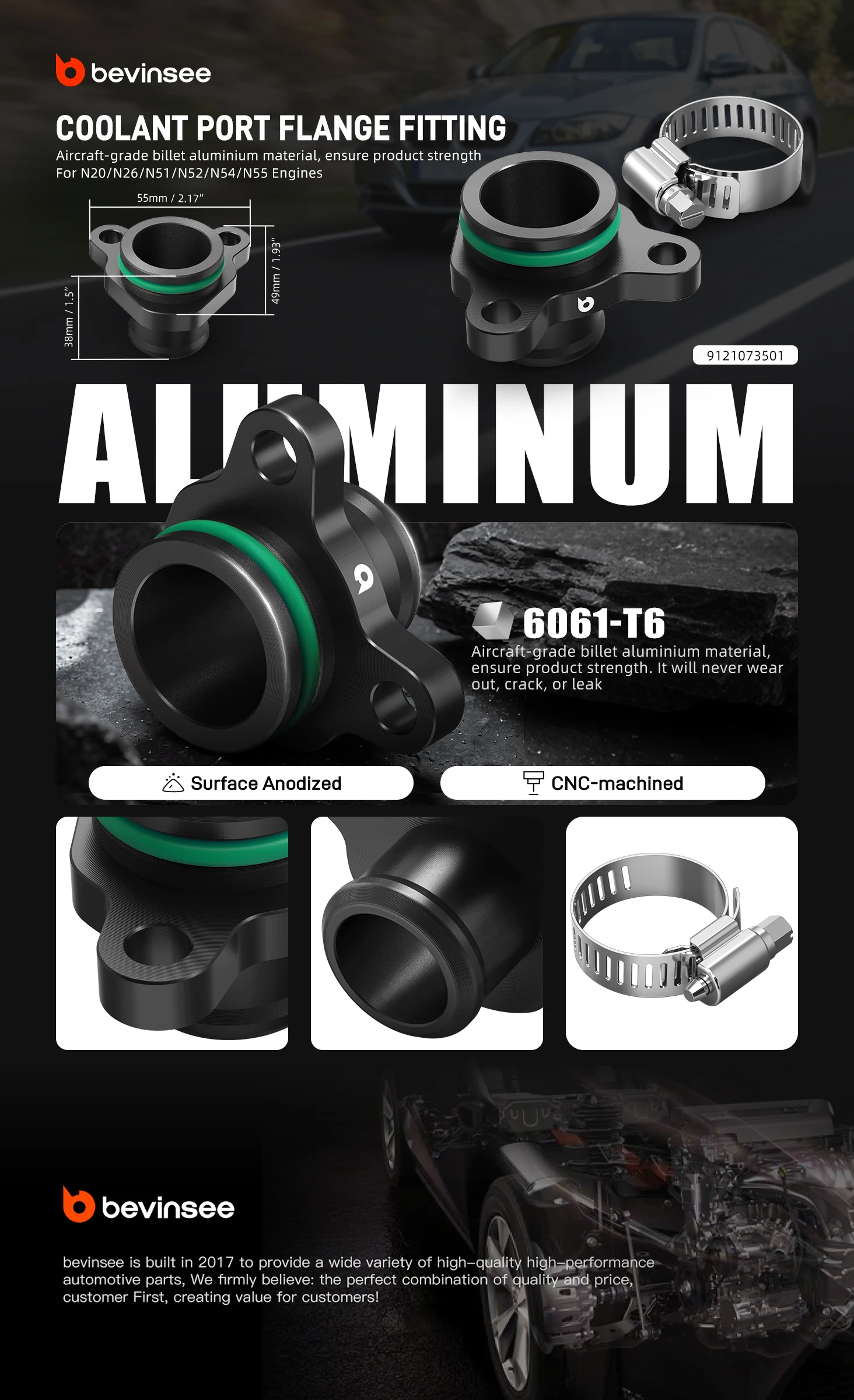 Für N54 N55 Kühlmittelanschluss Schlauchverbinder für BMW E90 E92 E93 E91 F10 F20 F30 E60 F22 E87 X1 E84 X3 F25 X5 E70 Z4 E89 335i 328i 330i 535i Ersetzt 11537592095 11537591889 – Detail 1