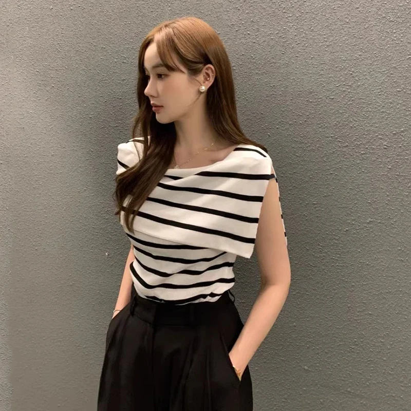 Neploe Office Lady Temperament Turn-Down Collar Design T-shirt Striped Contrast Knitted Top for Women Sleeveless Casual Top