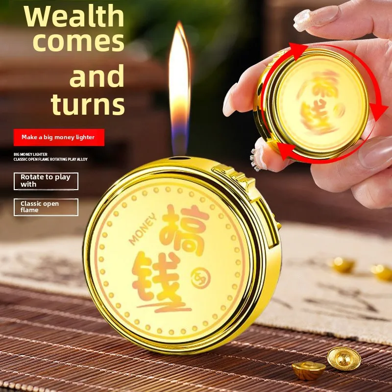 

2025 New Decompression Metal Inflatable Open Flame Lighter Rotating Coin Style Lighter Lighter Smoking Accessories Wholesale
