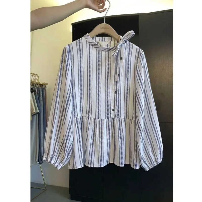 

Autumn New Style Diagonal Buckle Strap Design Loose Western Style Versatile Striped Stand Collar Long Sleeve Shirt for Women