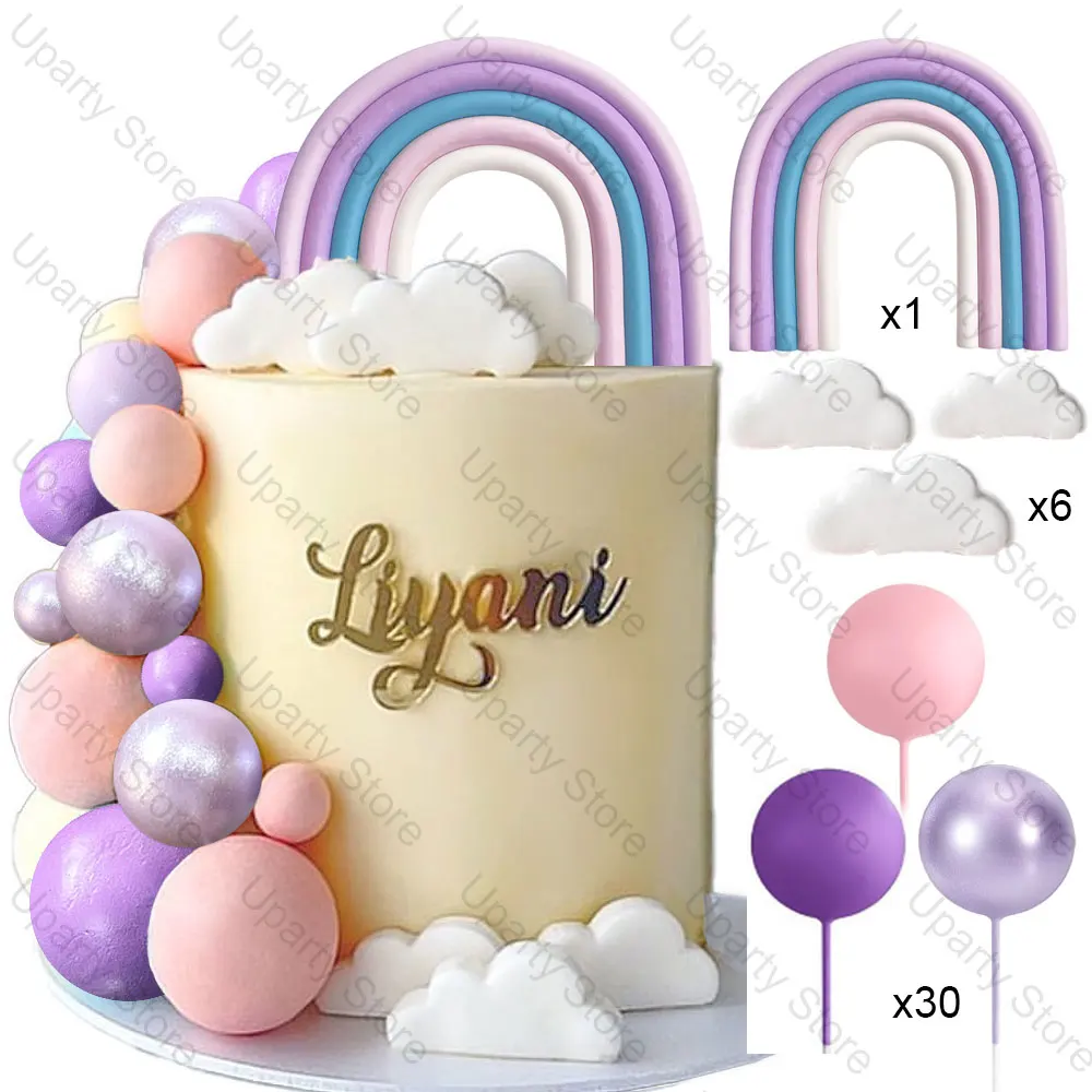 37 Stück Mararon-Kuchenbälle, Dekoration, weißer Clound, weiche Keramik, Pastell-Regenbogen-Kuchenaufsätze, Bälle für Geburtstag, Hochzeit, Mitbringsel – Detail 10