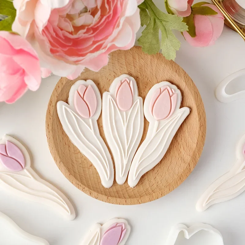 Tulip Flower Fondant Biscuit Mold Mom Birthday Flower Cookie Press Stamp DIY 3D Happy Mothers Day Dessert Pastry Craft Form 2023