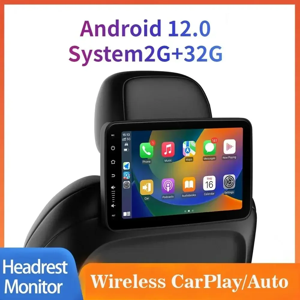 

10.1'' Headrest Monitor Wireless Carplay Android 12 Auto Car Rear Seat Video Player FM Bluetooth AirPlay Input Full Touch Screen