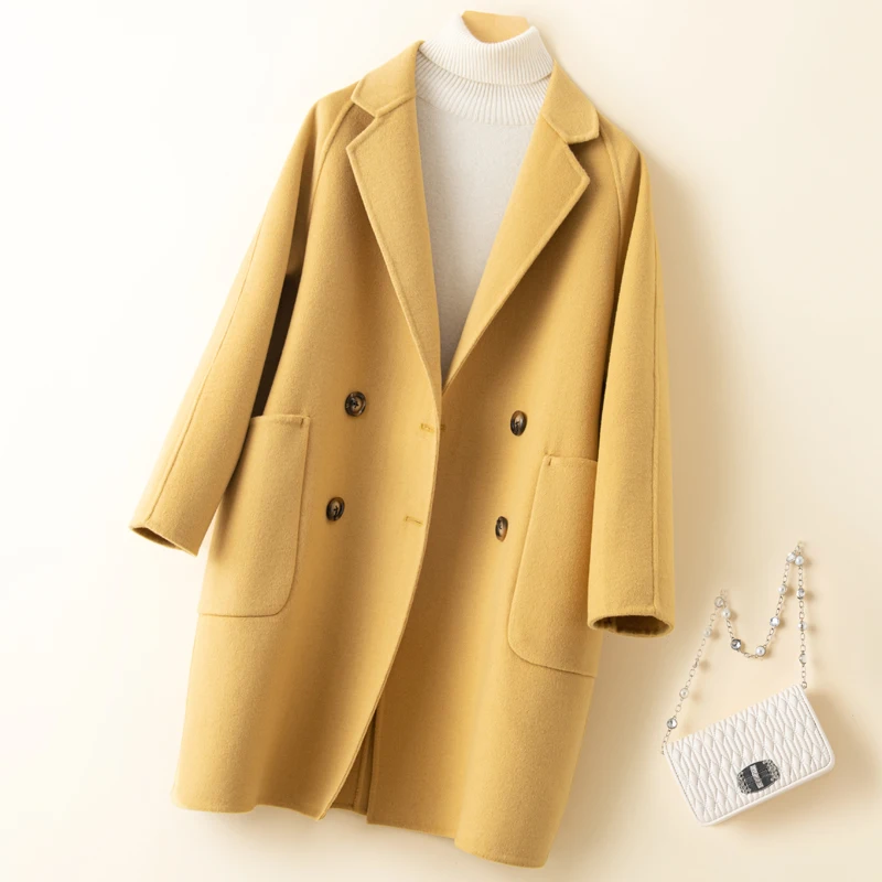 Casaco de caxemira dupla face feminino, trespassado duplo, comprimento médio, alto nível, temperamento, lã, casual, 100%, outono, inverno, novo, 2023