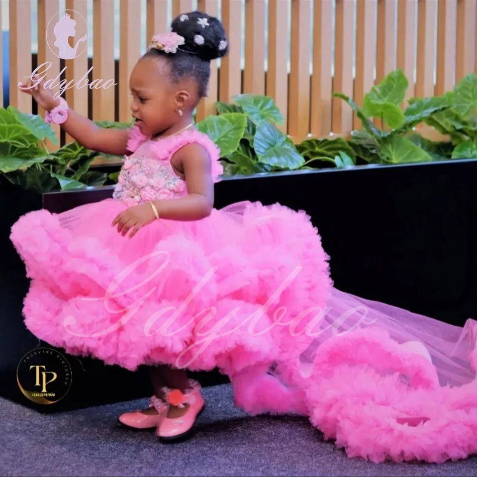 

Hot Pink Flower Girl Dress for Wedding Pearls Beaded Applique Puffy Layered Tulle Kids Birthday Party First Communion Ball Gown