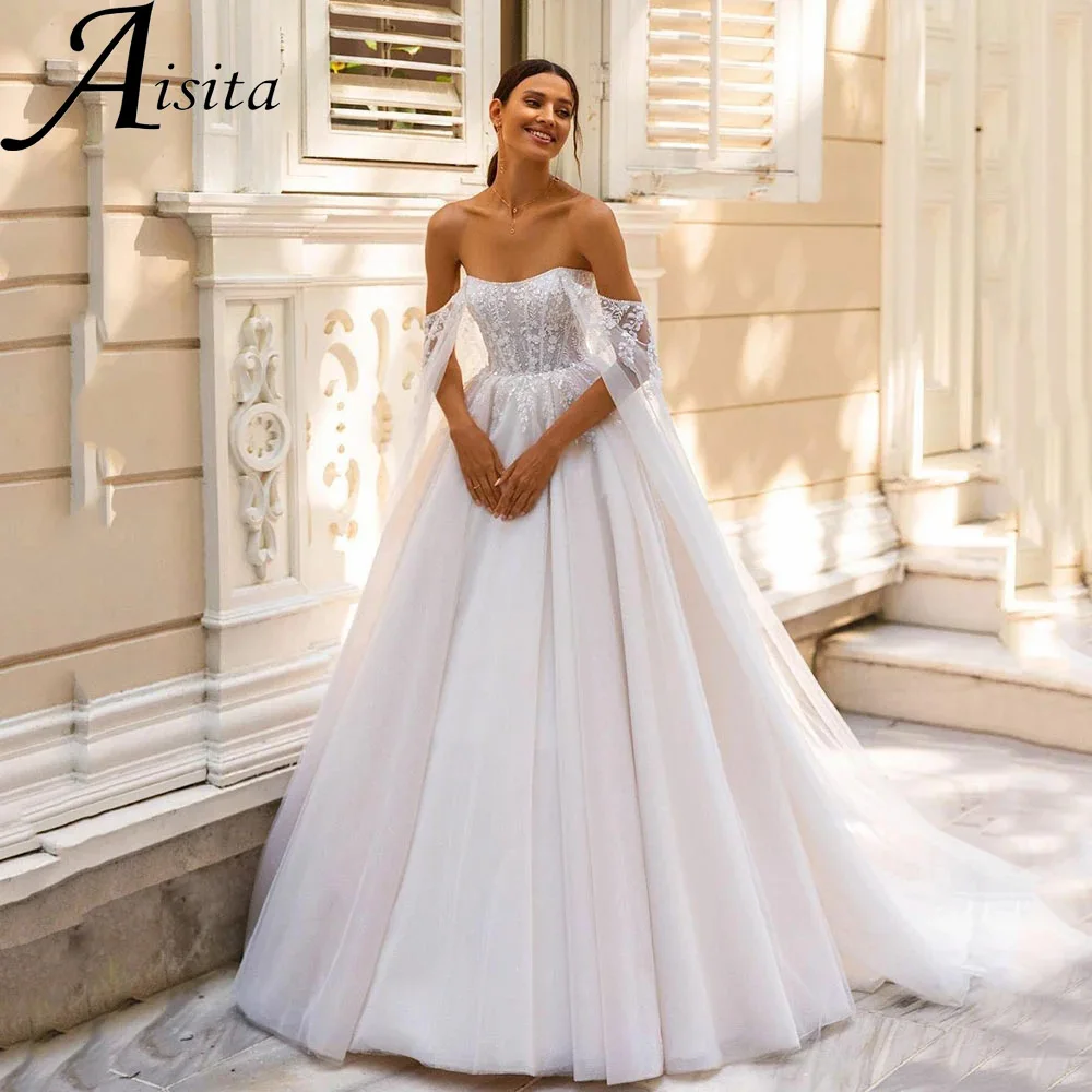 Recatado uma linha vestido de casamento sem alças rendas apliques mangas destacáveis vestido de noiva rendas até voltar personalizado vestido de novia