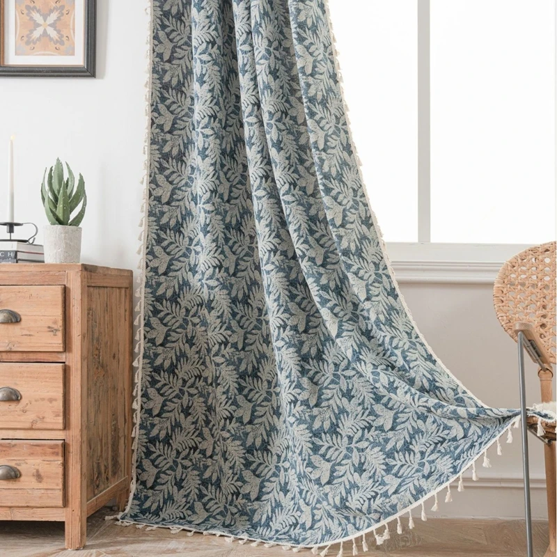 Living Room Bedroom Curtains Blue Leaf Jacquard Fringe Curtain Finished Kitchen Drapes Bay Window Semi-blackout Valance