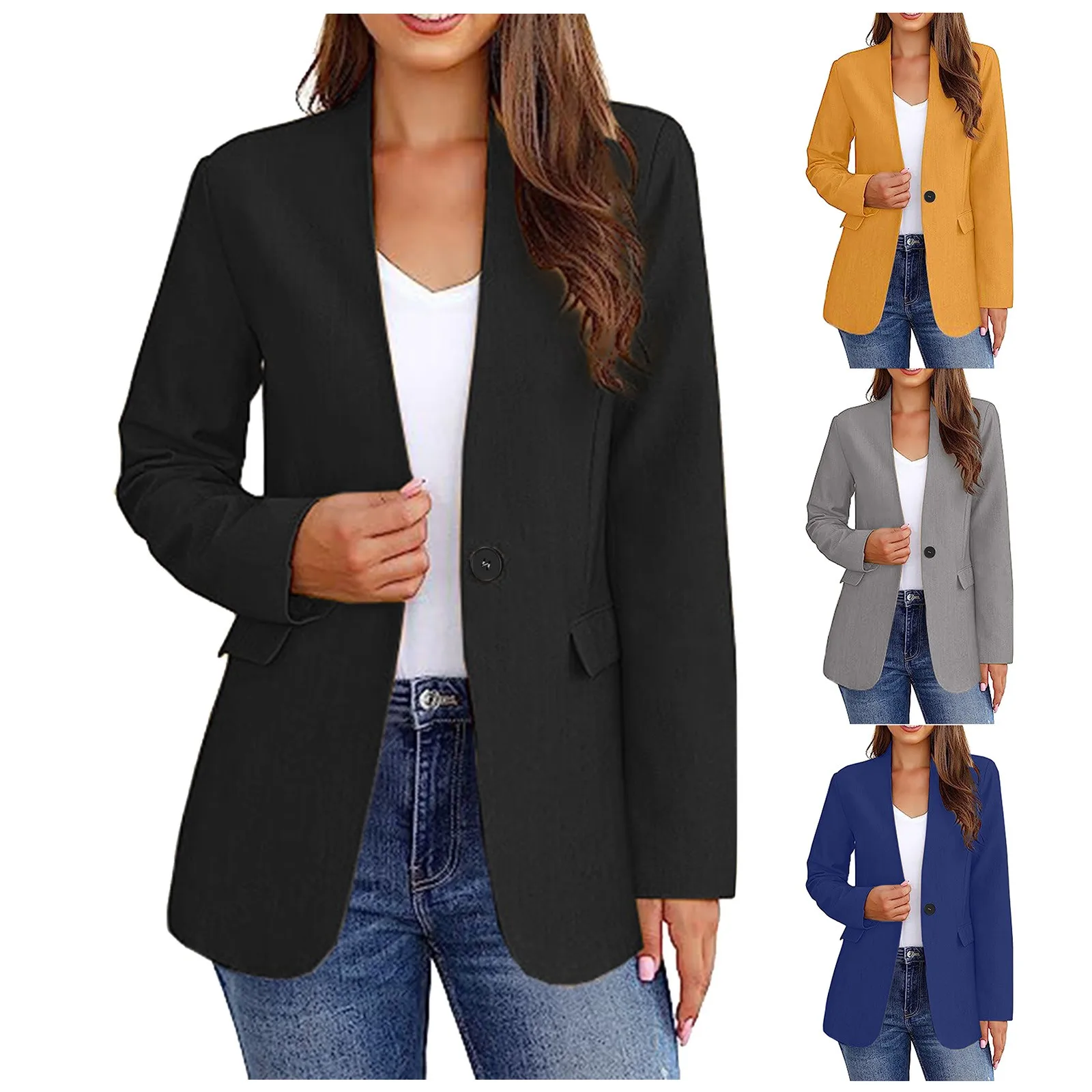 

Popular Office Blazer Regular Length Suit Coat Flap Pockets Workwear Women Single Breasted Autumn Winter Work Suit Jacket