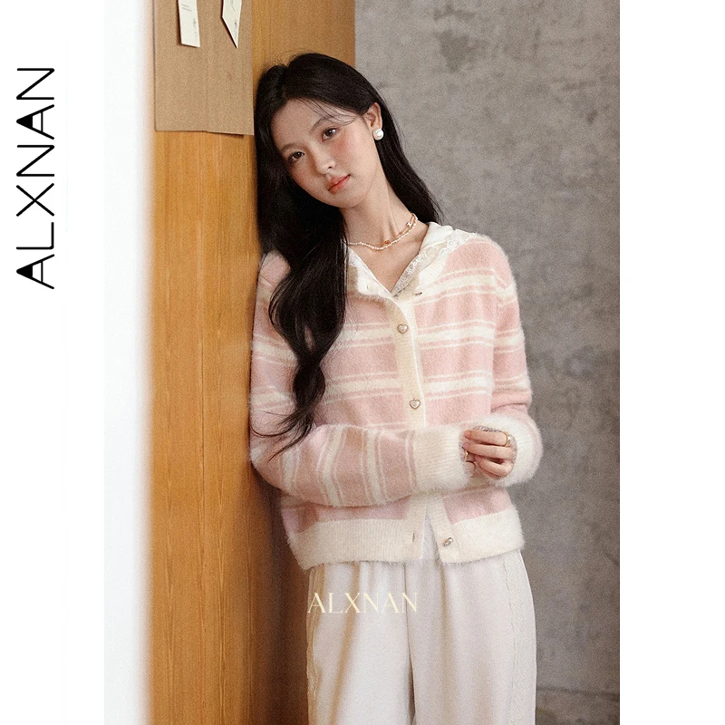 

ALXNAN Pink Striped Cardigan Women Round Neck Heart-shaped Pearl Button Wool Sweater 2025 Autumn Long Sleeve Knitted Tops L57311