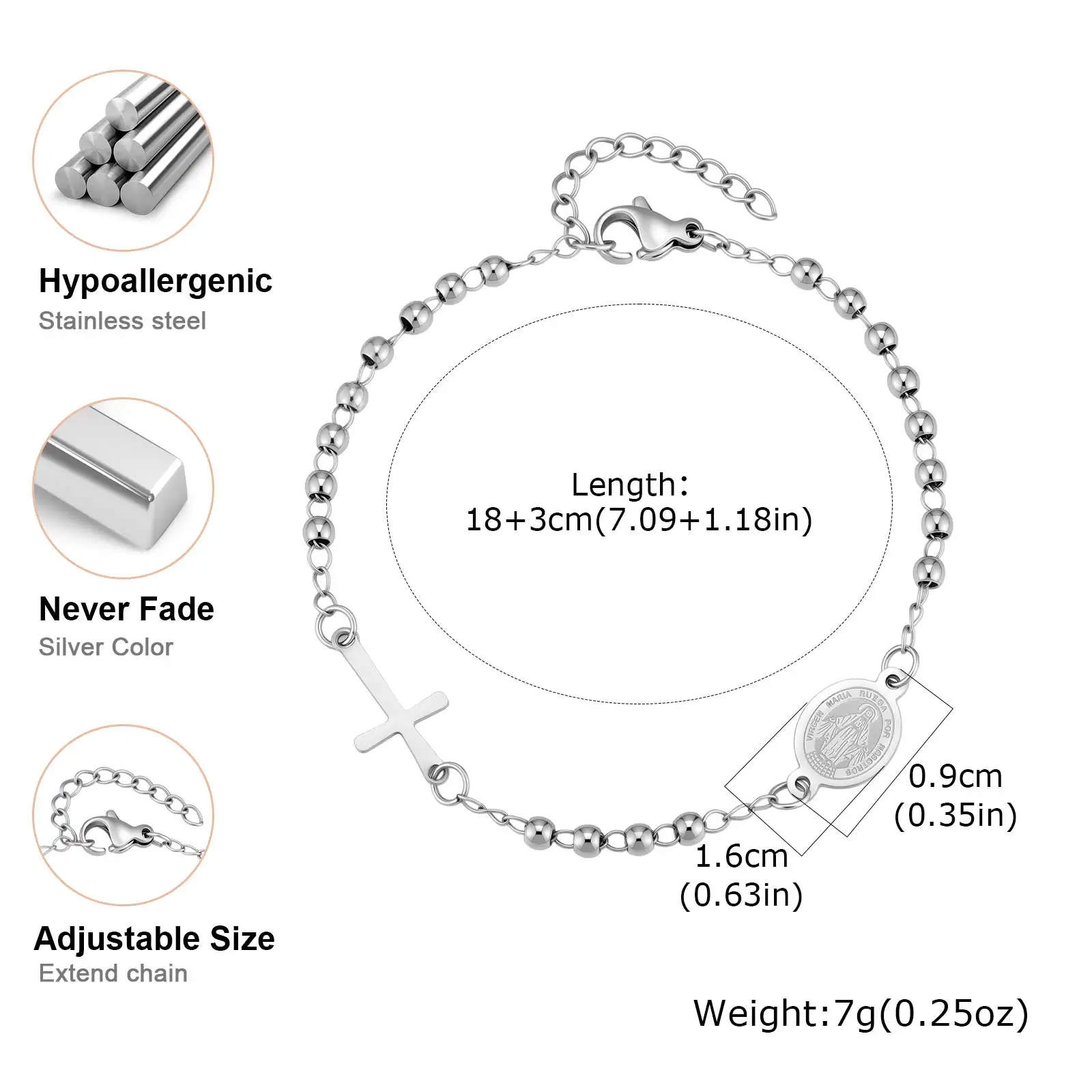 Minimalist Stainless Steel Rosary Bracelet, Silver Color Cross Virgin Mary Hand Wristband, Waterproof Tarnish-Free Faith Jewelry