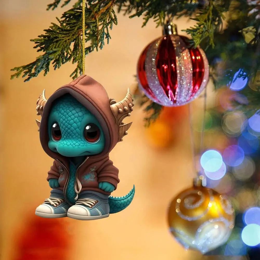 

2D Baby Dinosaurs Christmas Pendant Decorative Hangable Xmas Flat Dragon Keychain Acrylic Cartoon Flying Dragon Car Pendant