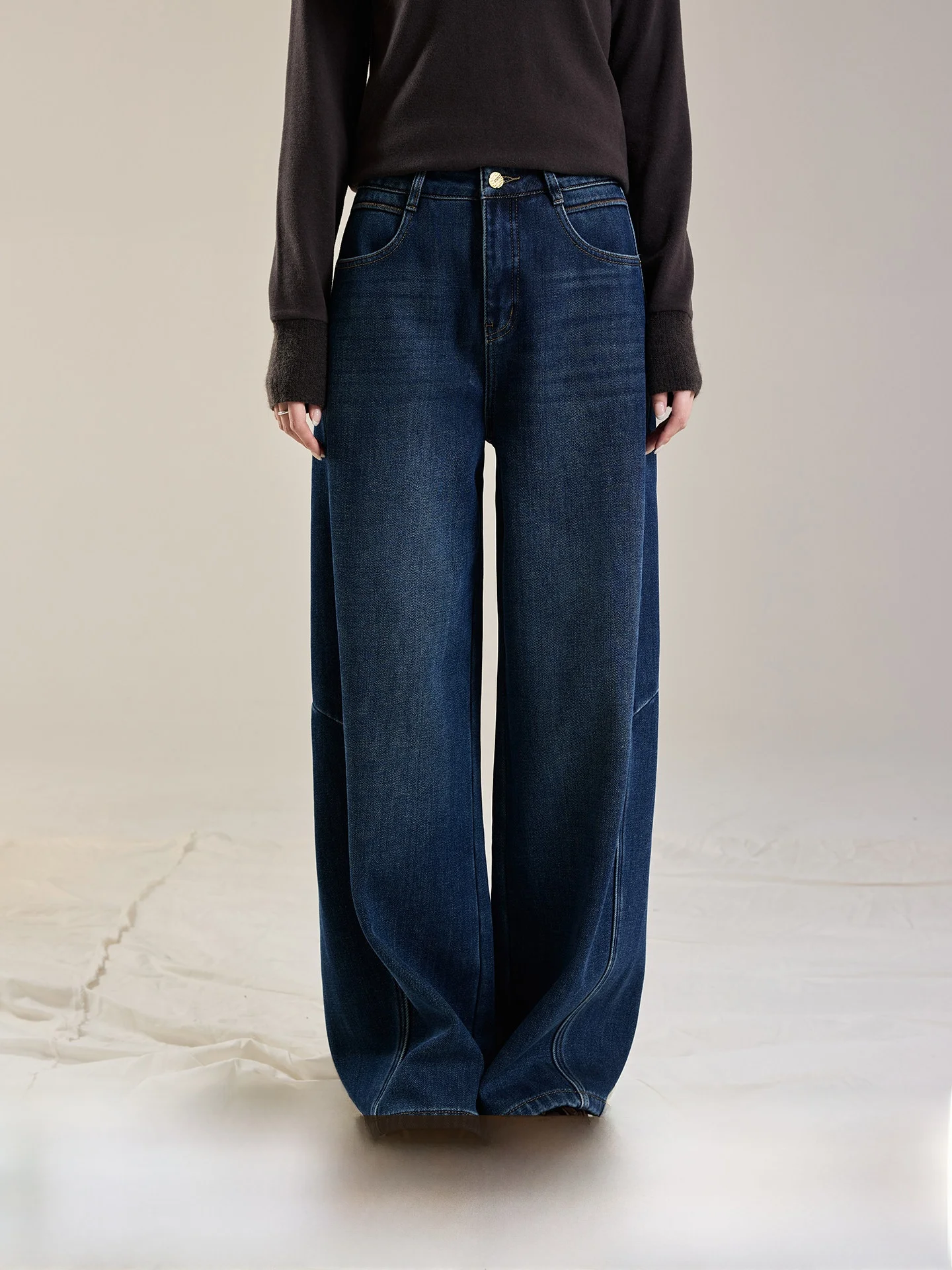 

CAREMIND Fce Lined High Waist Wide Leg Jeans Autumn Winter Floor Length Soft Towel Denim Casual Sle Button Closure