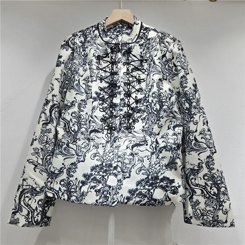 SuperAen European and American Fashion Simple Decorative Buttons Ink Wash Pattern Long-sleeved Loose Waist Women's Coat