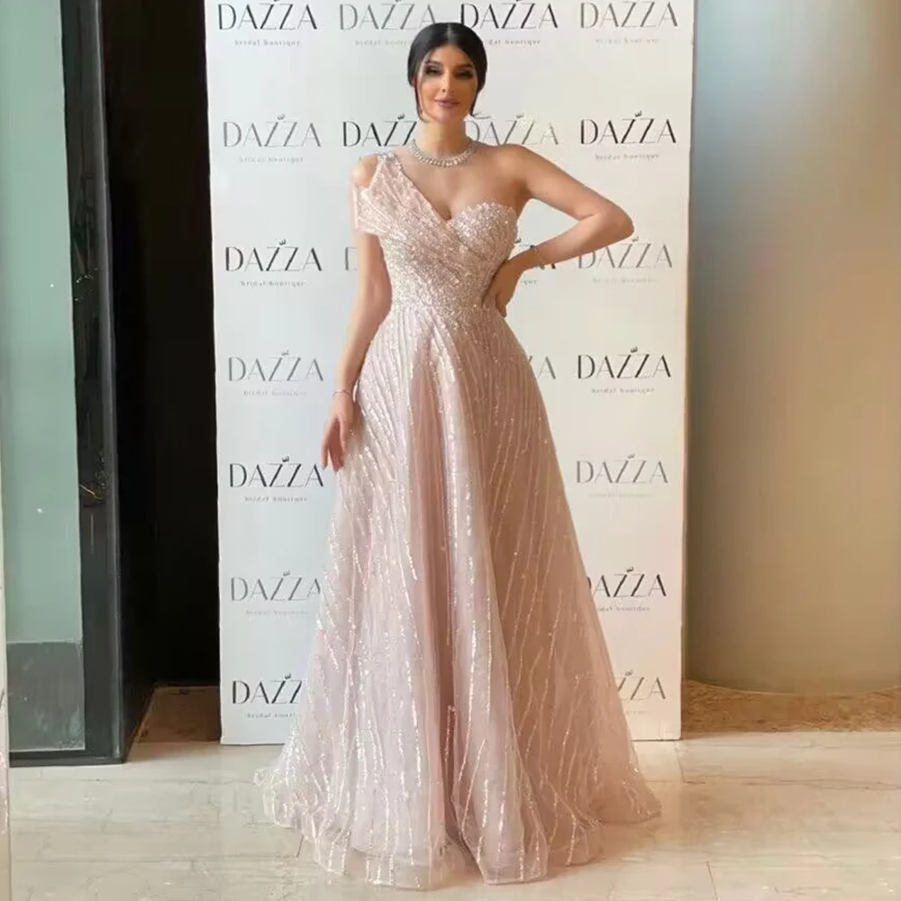 

Hot Selling Luxury Pink Sequined Dubai Evening Dresses 2023 For Women Arabic One Shoulder A-line Wedding Dress Birthday Party