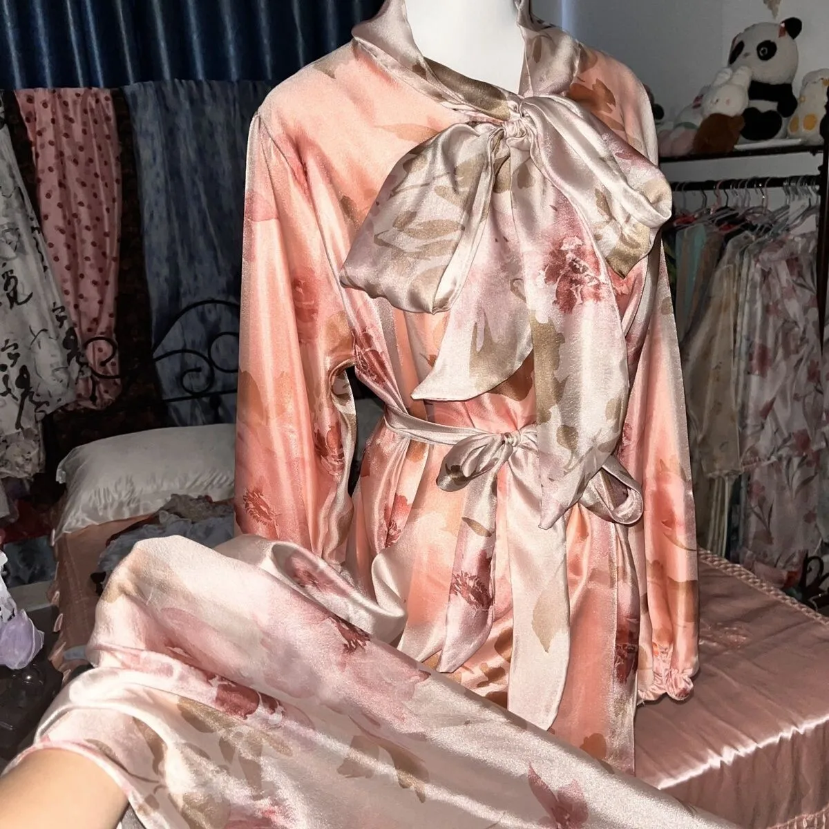 글로시 여성 메쉬 새틴 2겹 롱 드레스 루즈 파자마 맥시 드레스 풀오버 우아한 드레스 잠옷