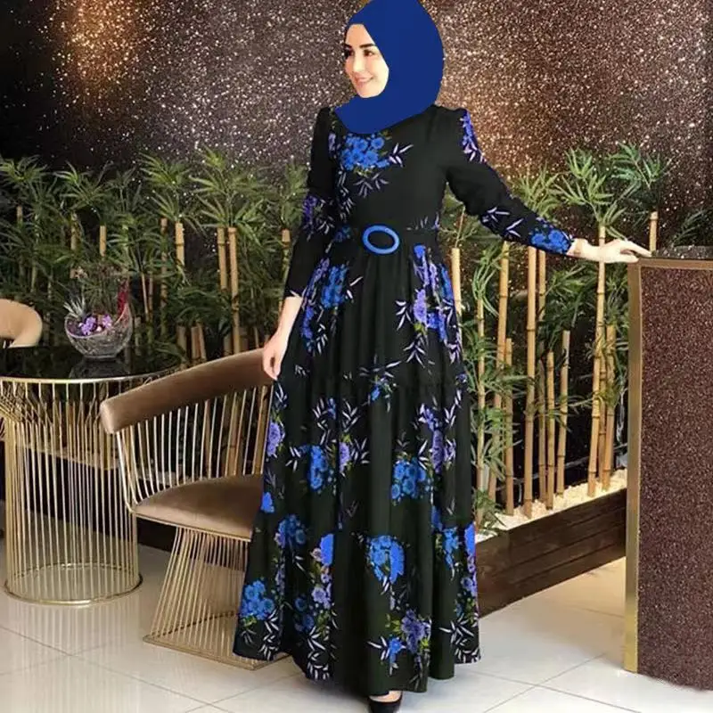 

Women Muslim Abaya Long Dress Spring Summer Vintage Print Belt Elegant Temperament Party Long Sleeve Banquet Evening