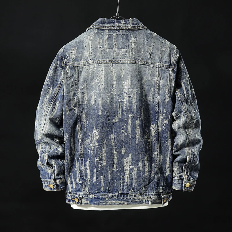 Spring and Autumn new vintage worn denim jacket loose fit, fat guy trendy style embossed jacket men's trendy and versatile