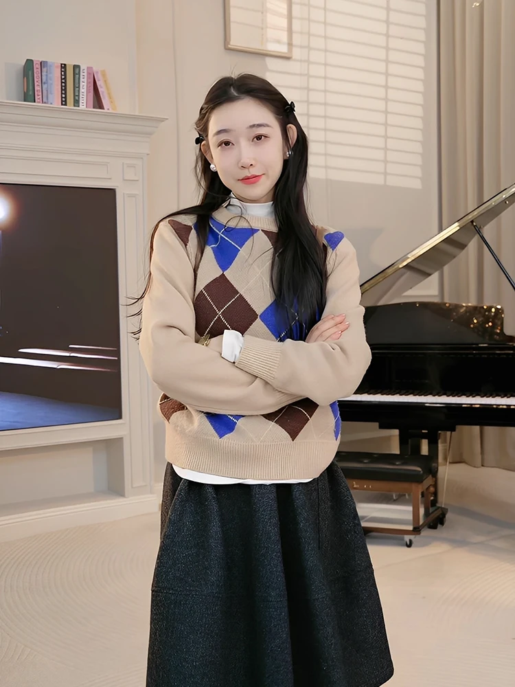 

OUDOEE Women's Knitted Sweater round Ne Color Blo Diamond Pattern Faionable All-Match Spring New Arrival Casual Sle