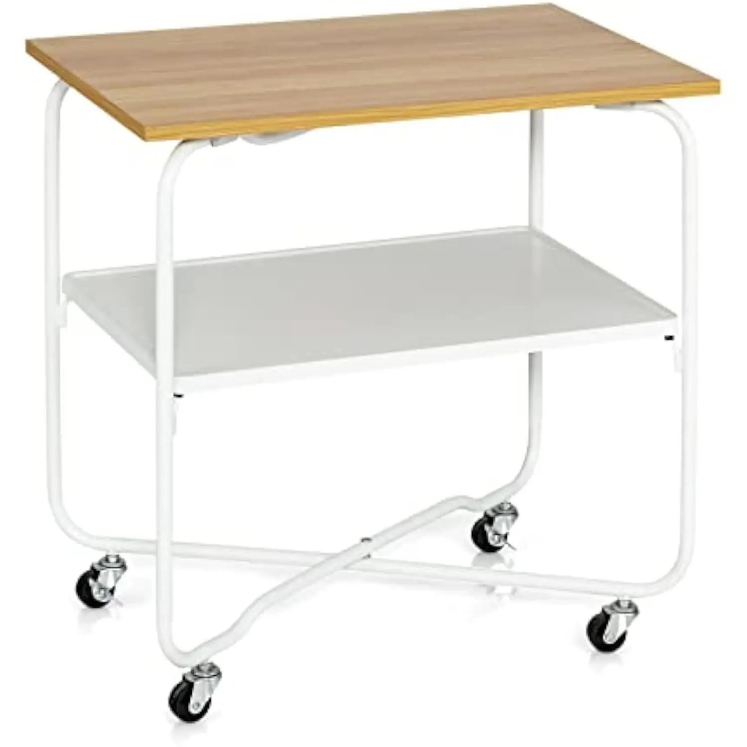 

End Table on Wheels, 2-Tier Rolling Storage Cart, Easy Assembly Folding Metal Frame, Wood Sofa Side Table, Service Cart for Ho