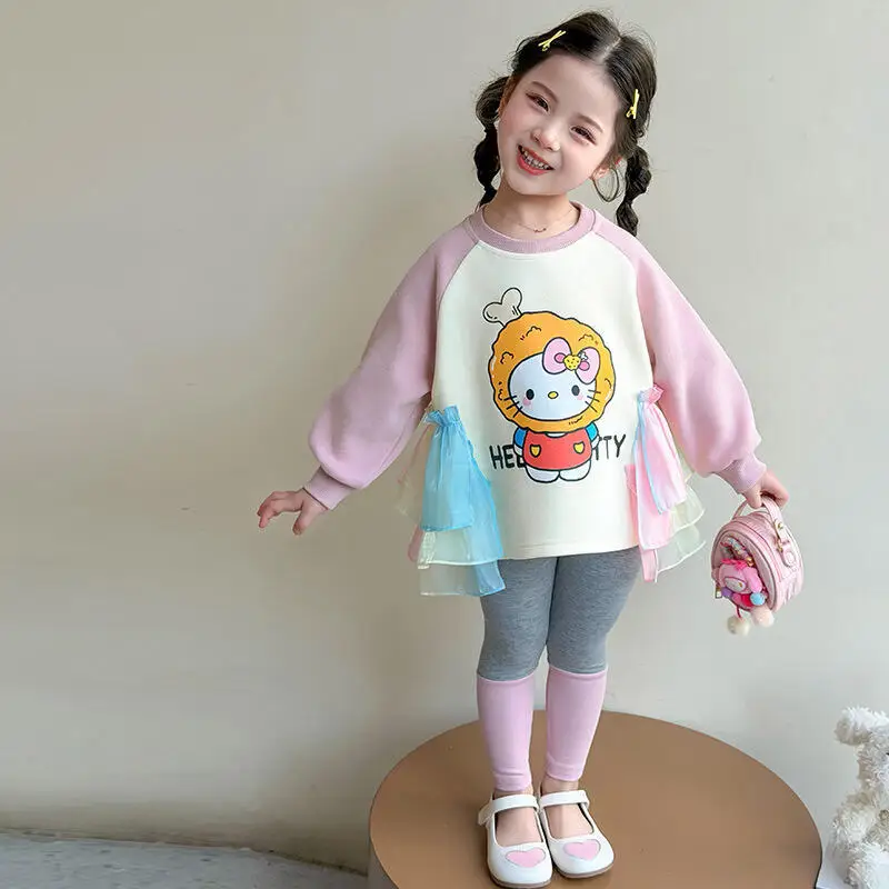 

Girls Kawaii Long Sleeved T Shirt Suit Spring Autumn New Girls Cartoon Mesh Shirt Spring Fashion Casual Leggings Two Piece Set