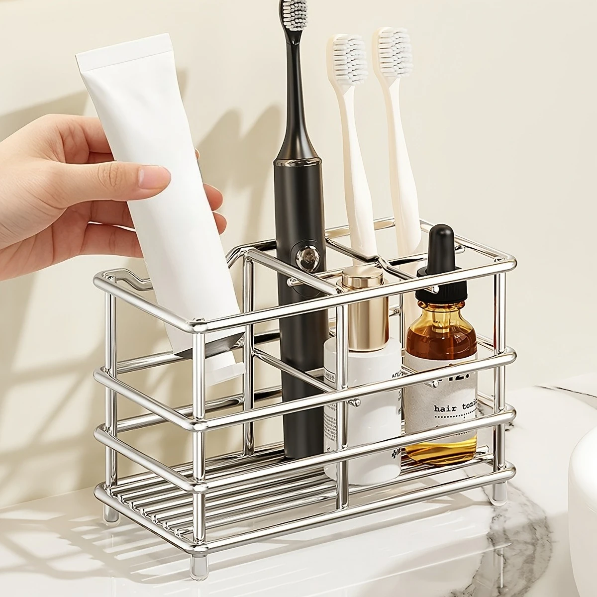 5-Slot Stainless Steel Toothbrush Holder - Space-Saving Freestanding Design, No Installation Required, Ideal for Bathrooms