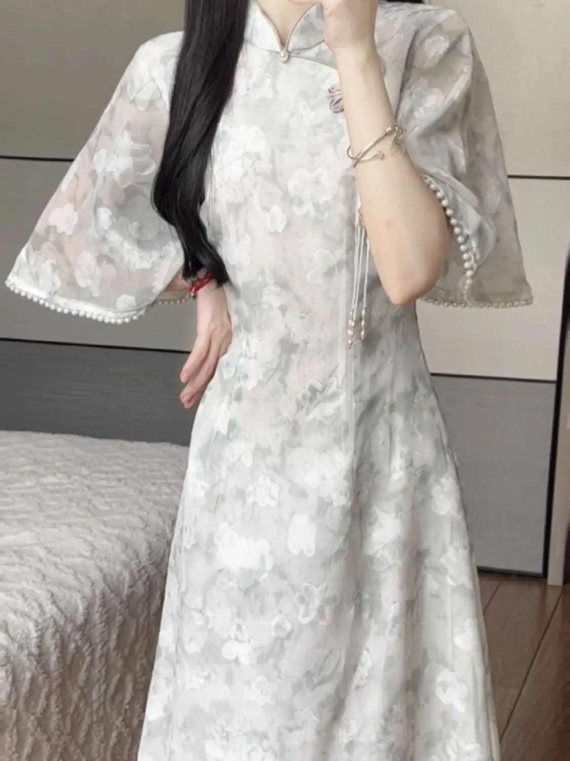 Vintage White Modern Chinese Traditional Casual Party Women Elegant Qipao Dress Summer Stand Collar Pagoda Sleeve Cheongsam