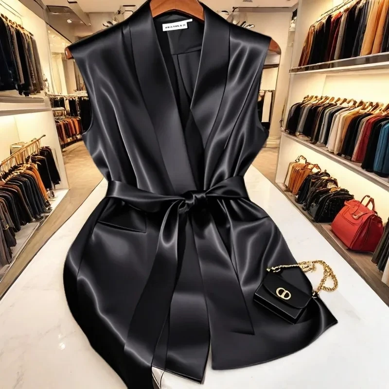 2025 Summer Shirt acetic acid sleeveless shirt satin high-end temperament top French ladies tank top view 3