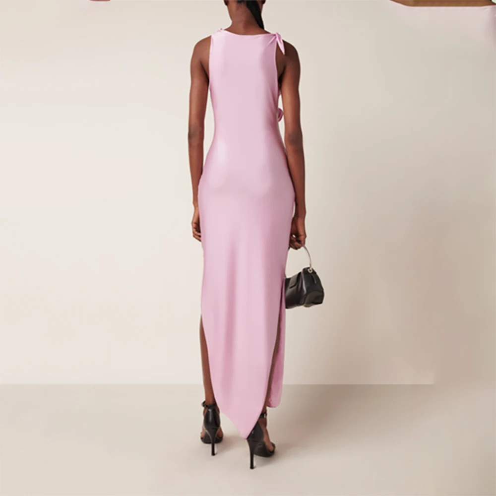 فستان سهرة أنيق مطوي مزين بالزهور وحفلات التخرج وحفلات الكوكتيل الوردية لحفلات الزفاف الرسمية المستقيمة بطول الشاي فستان الزفاف للضيوف