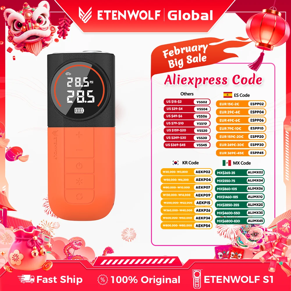 

Портативный воздушный компрессор ETENWOLF S1, 5200 мАч, насос для автомобильных шин, 20 л/мин, подходит для автомобилей, мотоциклов, велосипедов, автомобильных аксессуаров