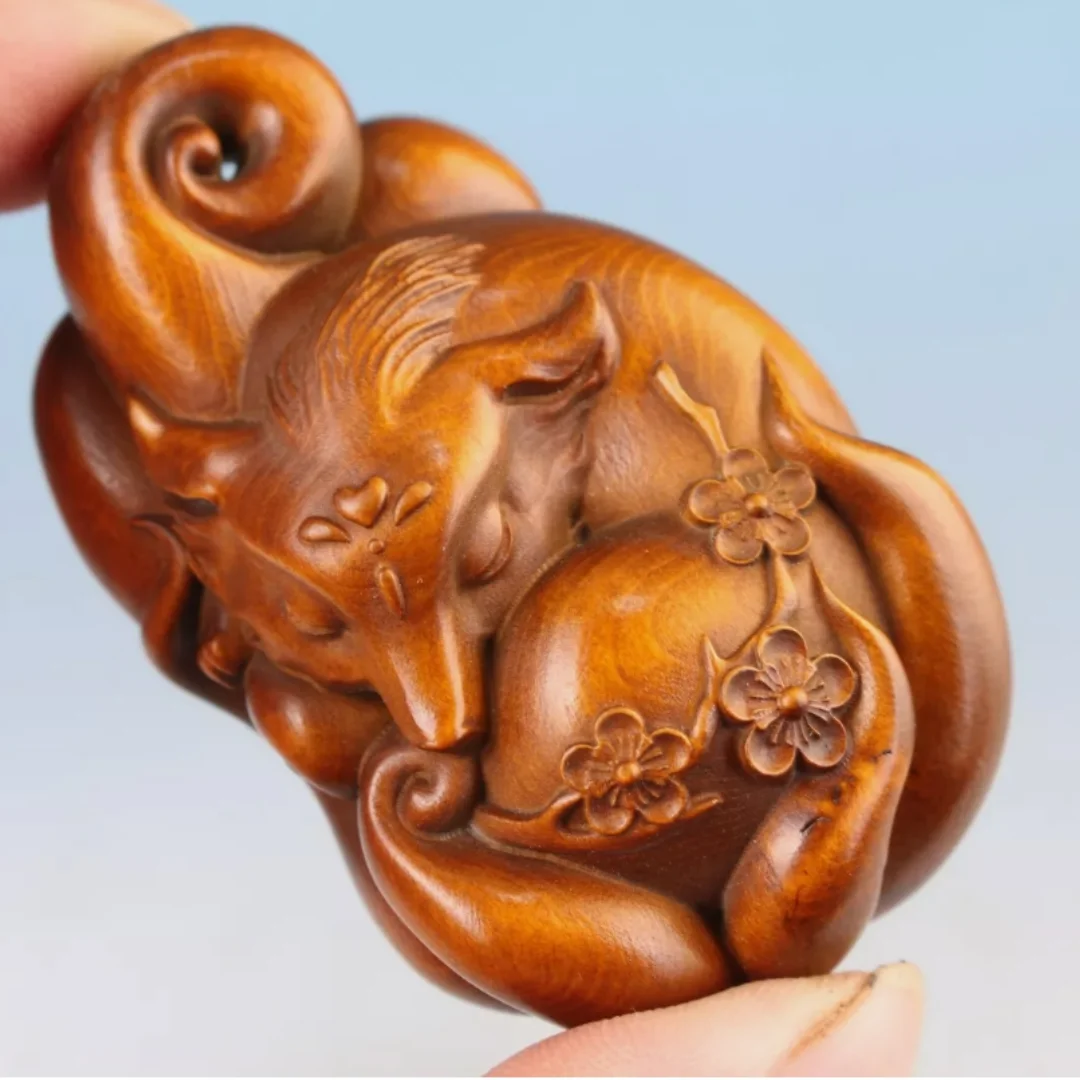 

china boxwood hand carved fox Figure statue netsuke collectable gift hand pieceFengshui Gift Home Decor