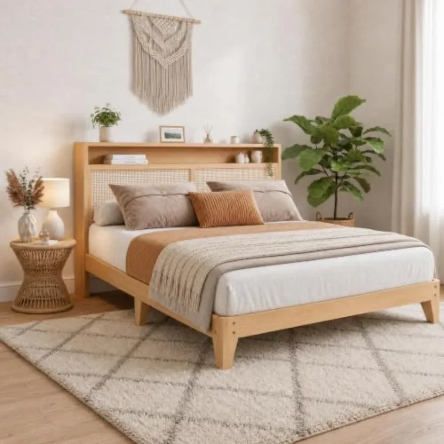 Rattan Bed Charging Station LED Bohemian Bedroom: Natural Wicker, Warm Beige, Integrated USB Ports Ambient Light