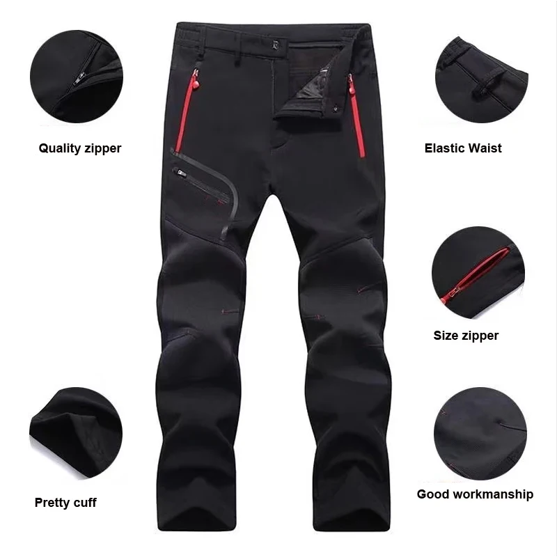 Men Elastic Fleece Outdoor Winter Warm Pants Softshell Trekking Climbing Hiking Camping Fishing Sport Training Trousers Oversize