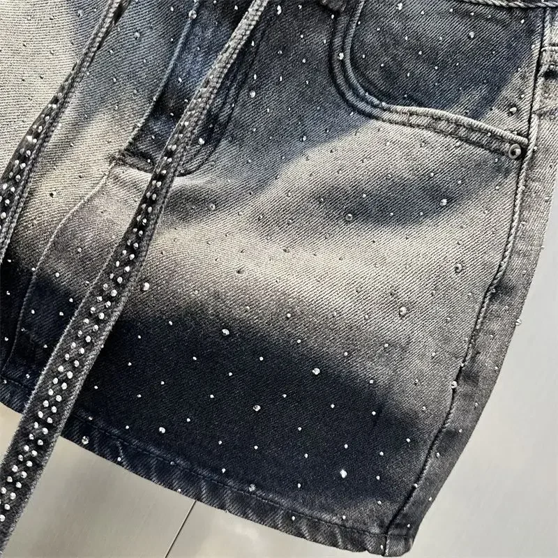 ใหม่แฟชั่น DENIM กระโปรงผู้หญิงสีเอวสูงอินเทรนด์ Rhinestone Slim MINI กระโปรง Y2k สาวร้อน Streetwear