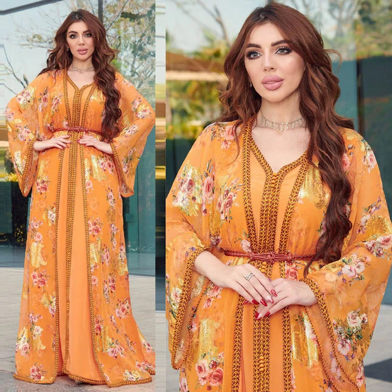 

2 Piece Chiffon Print Open Abaya Muslim Women Inner Dress Sets Dubai Kaftan Turkey Party Moroccan Jalabiya Vestidos Outfits Robe