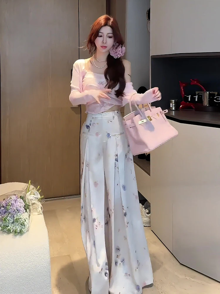 Nouveau chinois Sle aquarelle imprimé pantalon à jambes larges femmes taille haute minceur drapé pantalon décontracté été nouveauté