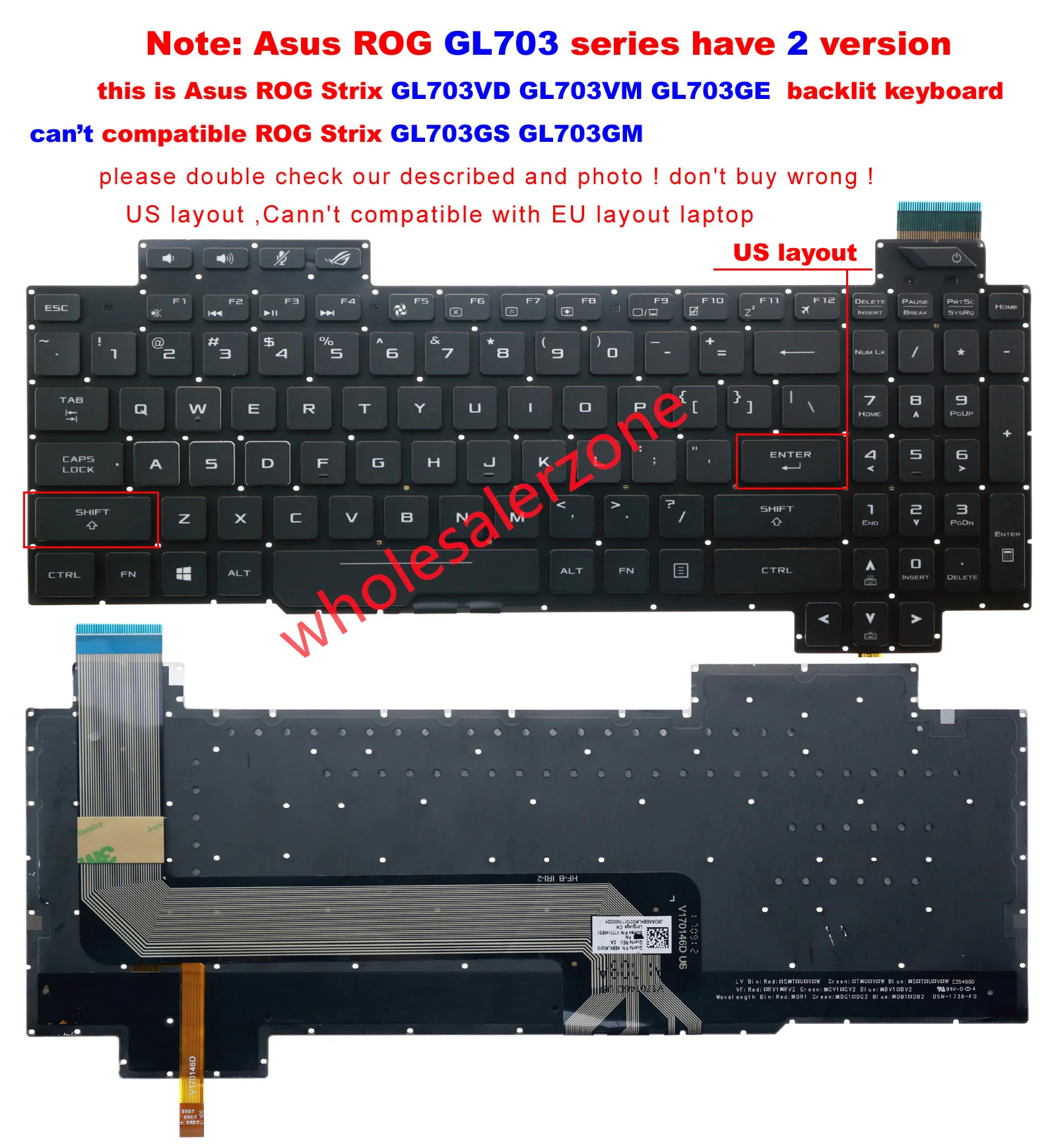 New US RGB backlit keyboard For Asus ROG Strix GL503 GL503V GL503VD GL503VS GL503VM GL703VD GL703VM GL703GE series laptop