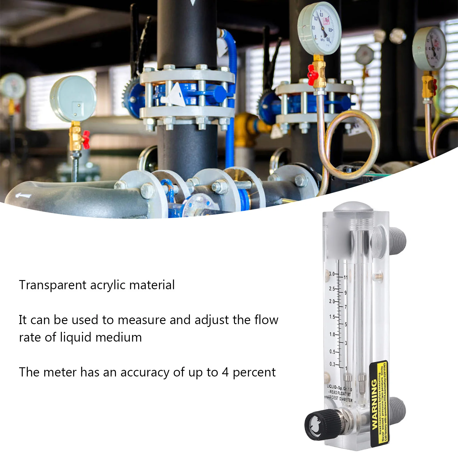 

Liquid Flowmeter Acrylic Transparent Adjustable Panel Mount Type Water Meter 0.3‑3GPM Panel Mount Type Flowmeter