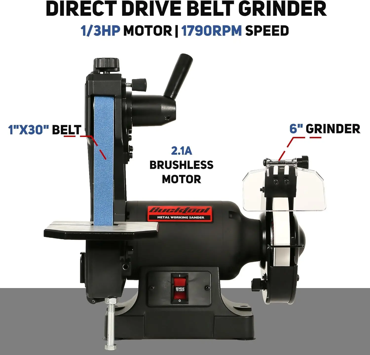 Bucktool Low Speed Bench Belt Grinder Combo, 2.1A 1x30 inch Belt & 6 inch Grinder, 1/3 HP Low Speed Bench Belt Disc Sander Combo