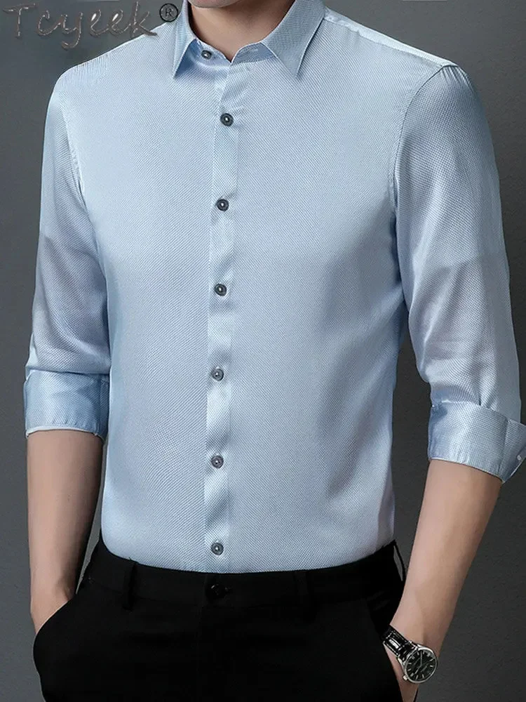 Tcyeek-camisa de seda de morera para hombre, Top de manga larga de alta gama, Blusa informal de negocios, Primavera, 92%