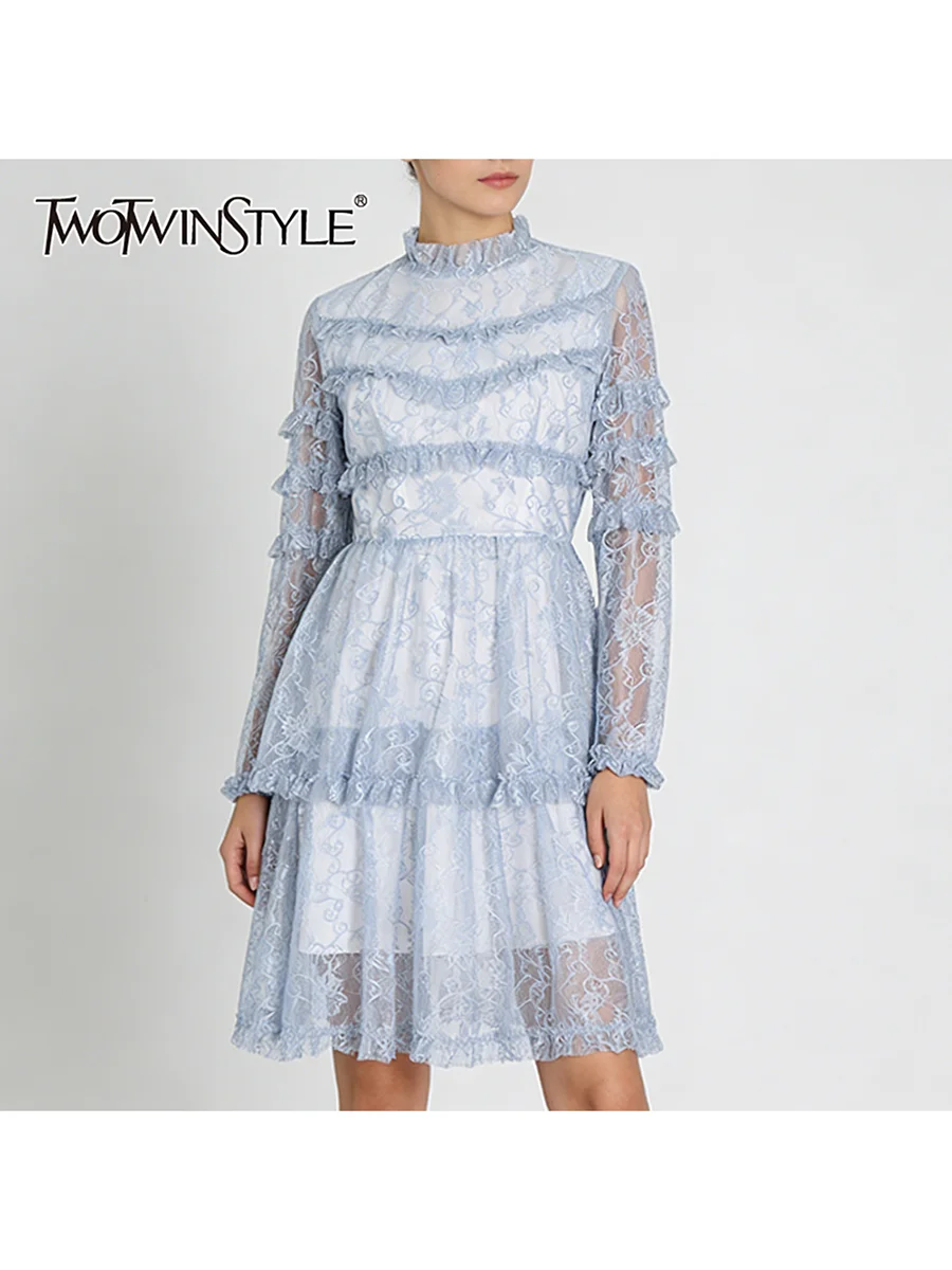 TWOTWINSTYLE Slimming Sheer Spliced Ruffles Folds Elegant Dress for Women Stand Neck Long Sleeves High Waist Dresses Female New