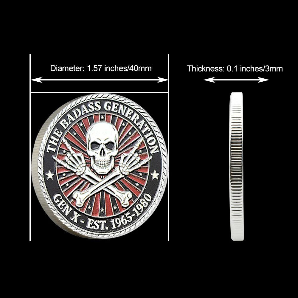 Gen X Skull Challenge Coin 1965-1980, The Badass Generation Commemorative Collectible, Gothic Medal Gift