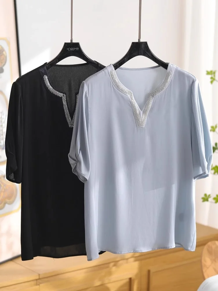 

Ele Blue Silk ort Sve irt V-Ne Pearlescent Heavyweight Genuine Silk Women's Top Faion Original Design