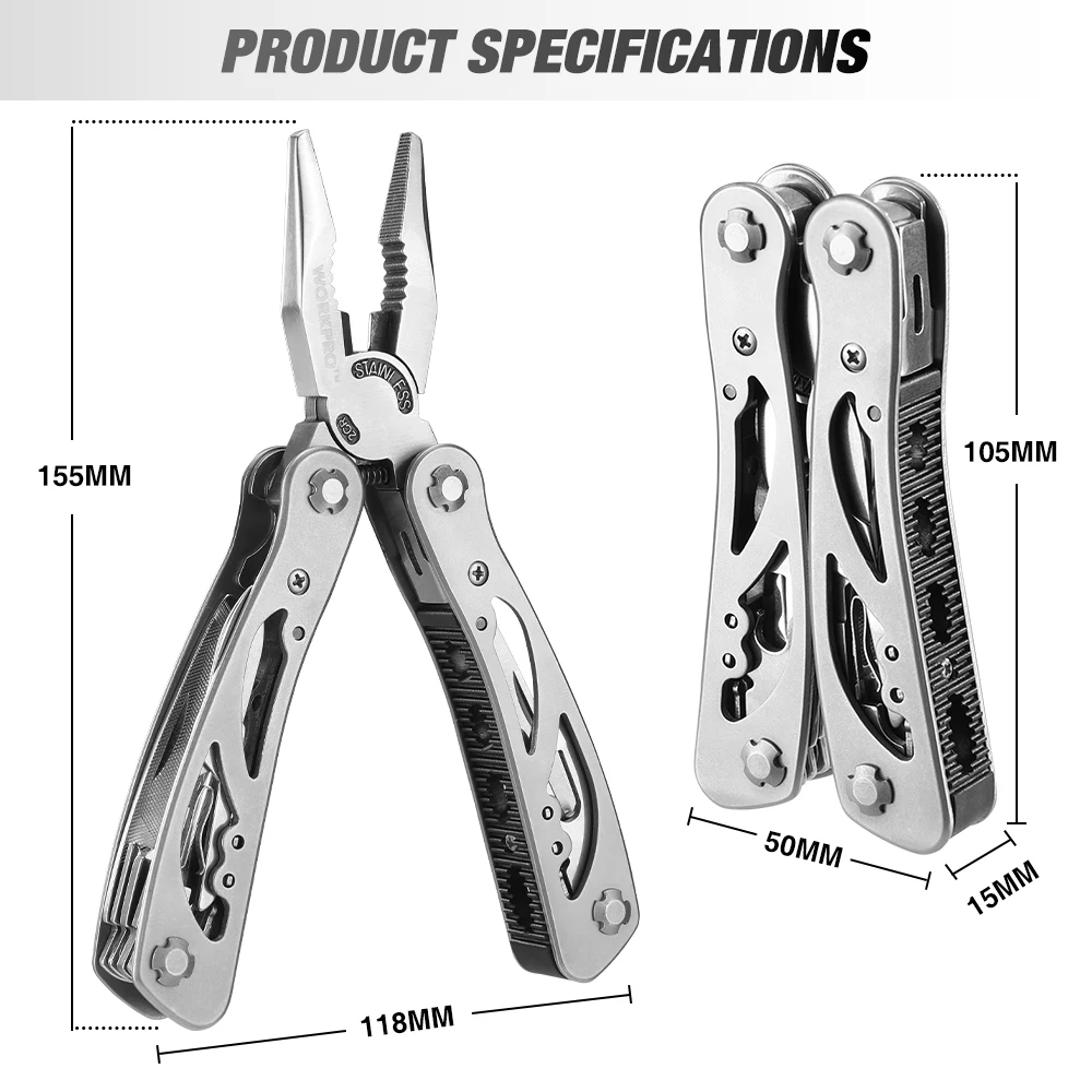 WORKPRO 14 in 1 Multi Tool Plier Portable Pocket with Nylon Sheath Outdoor Camping Folding Knife Pliers