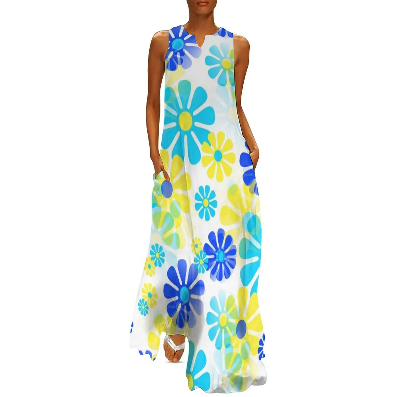 

60's Retro Groovy Mod Flowers in Yellow, Aqua and Blue Long Dress dress for women 2025 summer outfits for women 2025 Dress