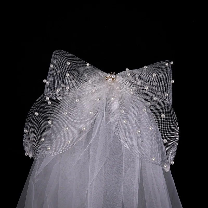 Ivory Tulle Bridal Veil with Bow Short Wedding veils White Mesh Headpiece Bride Short Veil Back Head Decor Hair Accessories image 4