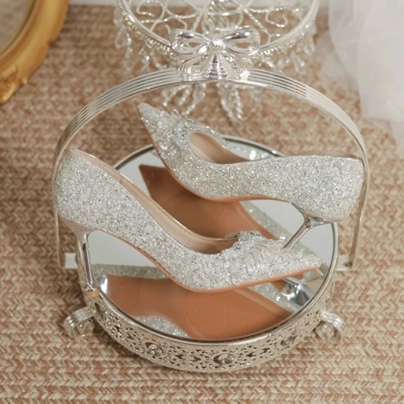 Rimocy Luxury Crystal Tassels Bride Shoes for Women Pointed Toe Thin Heels Shiny Pumps Woman Slip-On Rhinestones High Heel Shoes