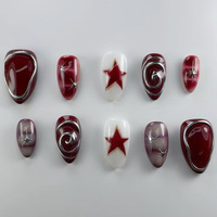 24pcs Red Star Print Fake Nails Sweet Cool Short Almond Press on Nail for Women Wearable Detachable Ins Spice Girl False Nails