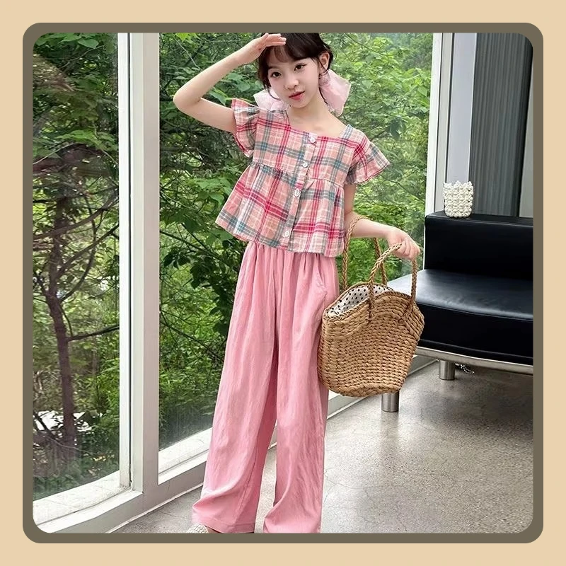 Summer Sweet and Casual Girls and Teenagers Pink Suit Square Collar Checkered Top+Wide Leg Pants Two Piece Set Kid 6-10 Year Old