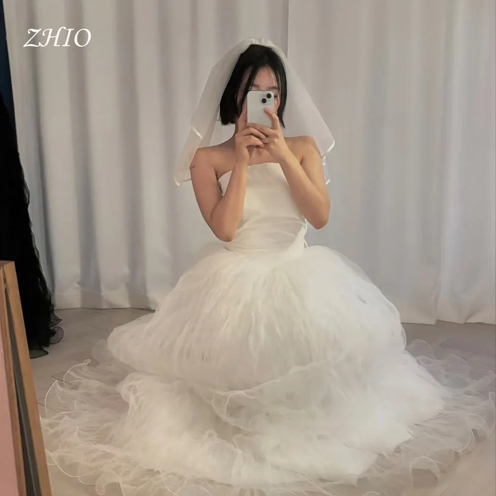 

ZHIO Elegant Pleat Wedding Party Dress Starpless Floor Length Tulle Korea Photo Shoot Evening Bridal Gown Customized 웨딩드레스
